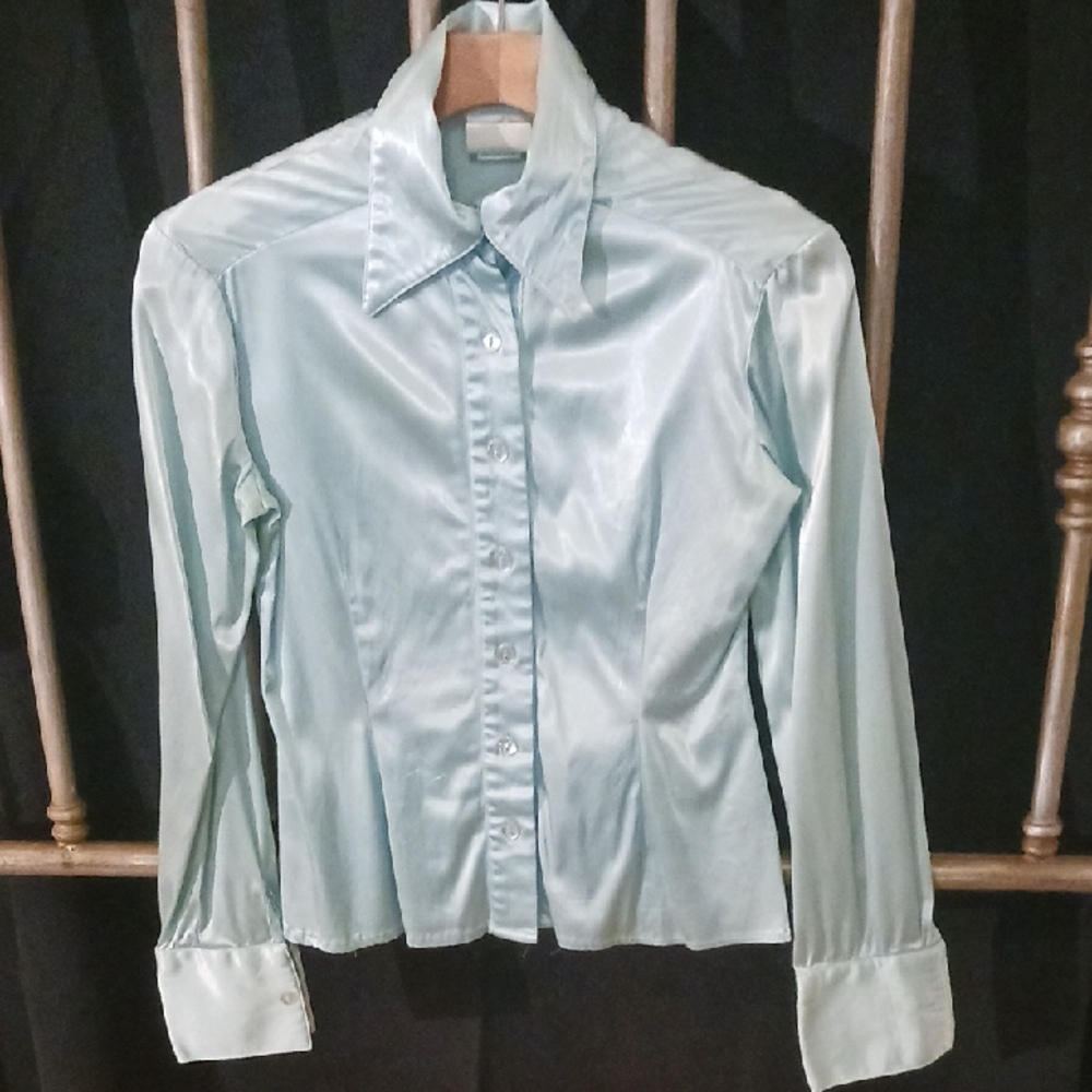 Anna Huling, faux satin, button-up, aqua blue blouse
